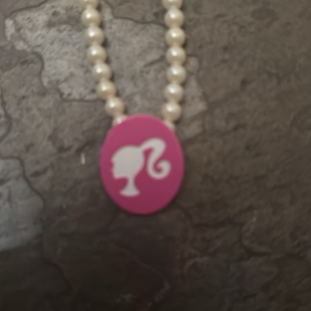 BARBIE Necklace MATTEL Y2K pink silhouette profile faux pearls clip Necklace